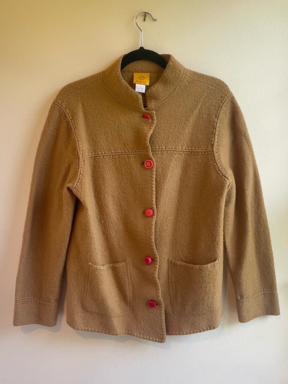Ruby Rd Camel Boiled Wool Jacket Mandarin Collar Red Buttons Blanket Stitch S